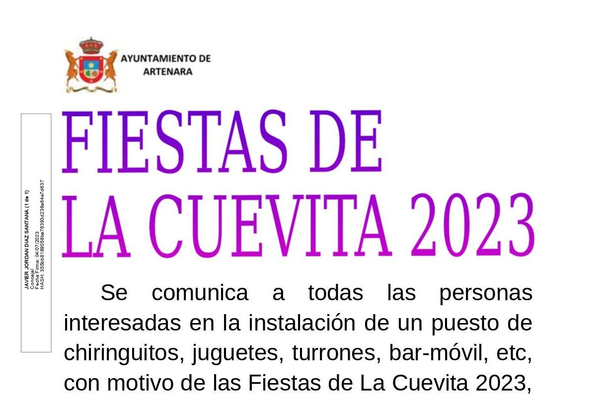 Abierto el plazo de Solicitud de Puestos varios para la Fiesta de La Cuevita 2023.