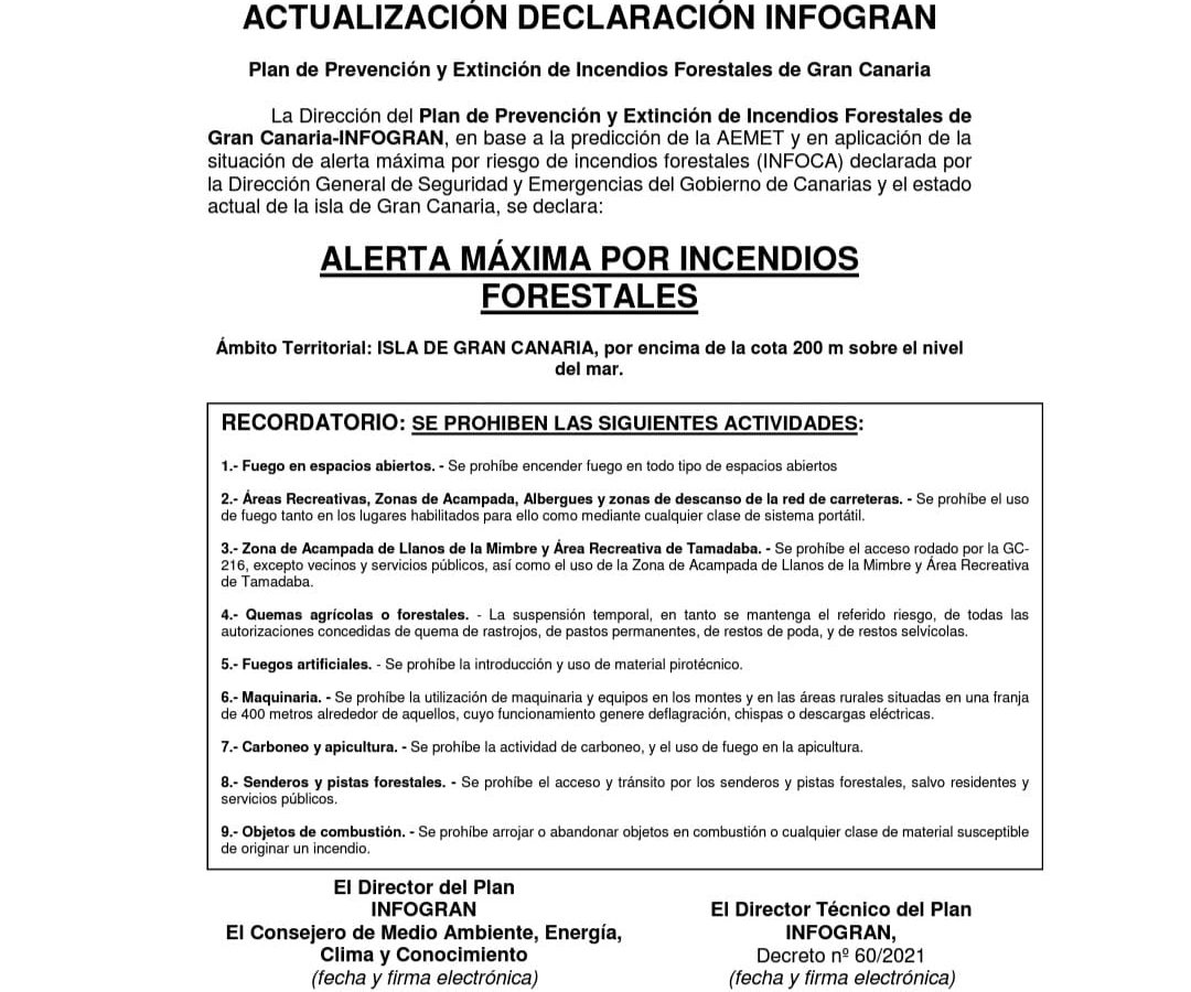 Alerta Máxima por Incendios Forestales.