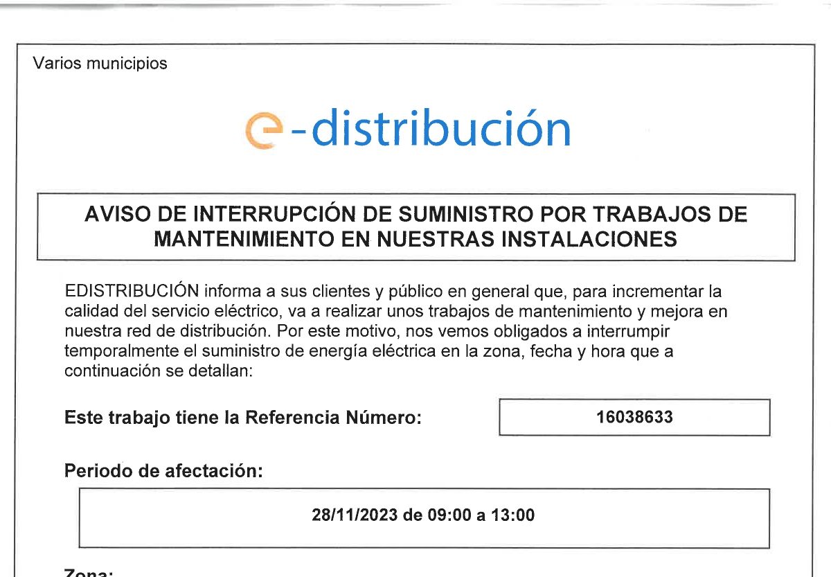 AVISO DE INTERRUPCIÓN DE SUMINISTRO. MARTES, 28 DE NOVIEMBRE DE 9:00 A 13:00H.