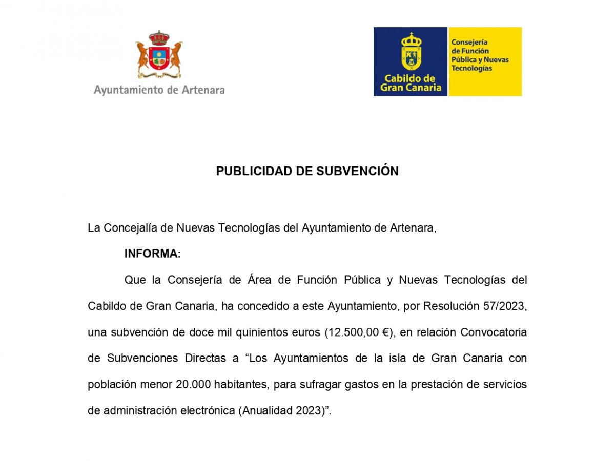 Publicidad de Subvención del Área de Nuevas Tecnologías.