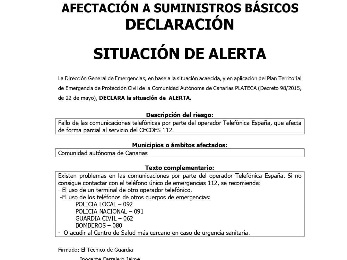 Situación de ALERTA del PLAN PLATECA