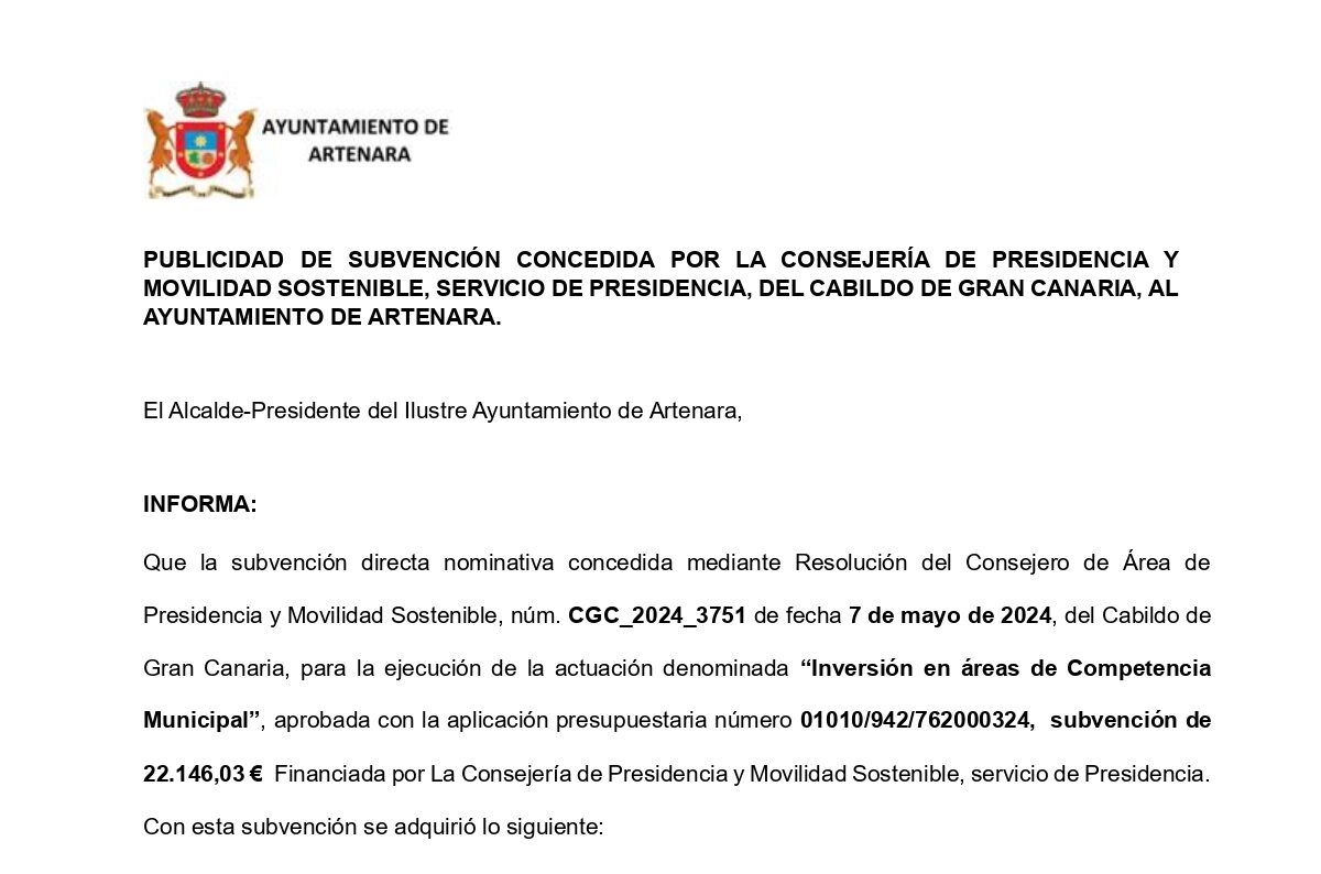 Publicidad de Subvención concedida por la Consejería de Presidencia y Movilidad Sostenible: "Inversión en Áreas de Competencia Municipal".