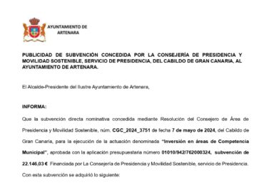 Publicidad de Subvención concedida por la Consejería de Presidencia y Movilidad Sostenible: "Inversión en Áreas de Competencia Municipal".