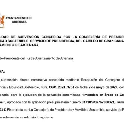 Publicidad de Subvención concedida por la Consejería de Presidencia y Movilidad Sostenible: "Inversión en Áreas de Competencia Municipal".