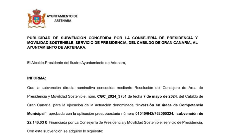 Publicidad de Subvención concedida por la Consejería de Presidencia y Movilidad Sostenible: "Inversión en Áreas de Competencia Municipal".