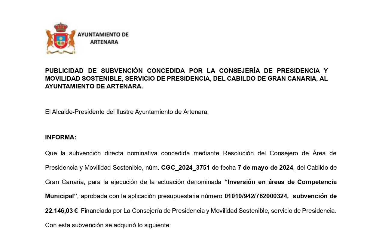 Publicidad de Subvención concedida por la Consejería de Presidencia y Movilidad Sostenible: "Inversión en Áreas de Competencia Municipal".