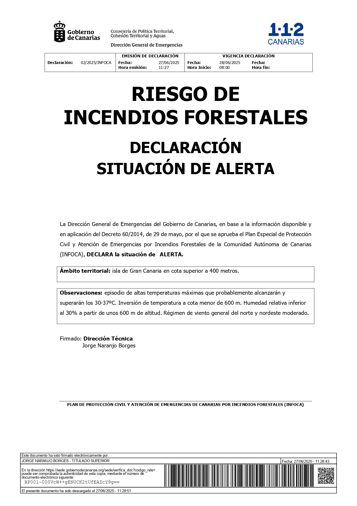 SITUACIÓN DE ALERTA POR INCENDIOS FORESTALES