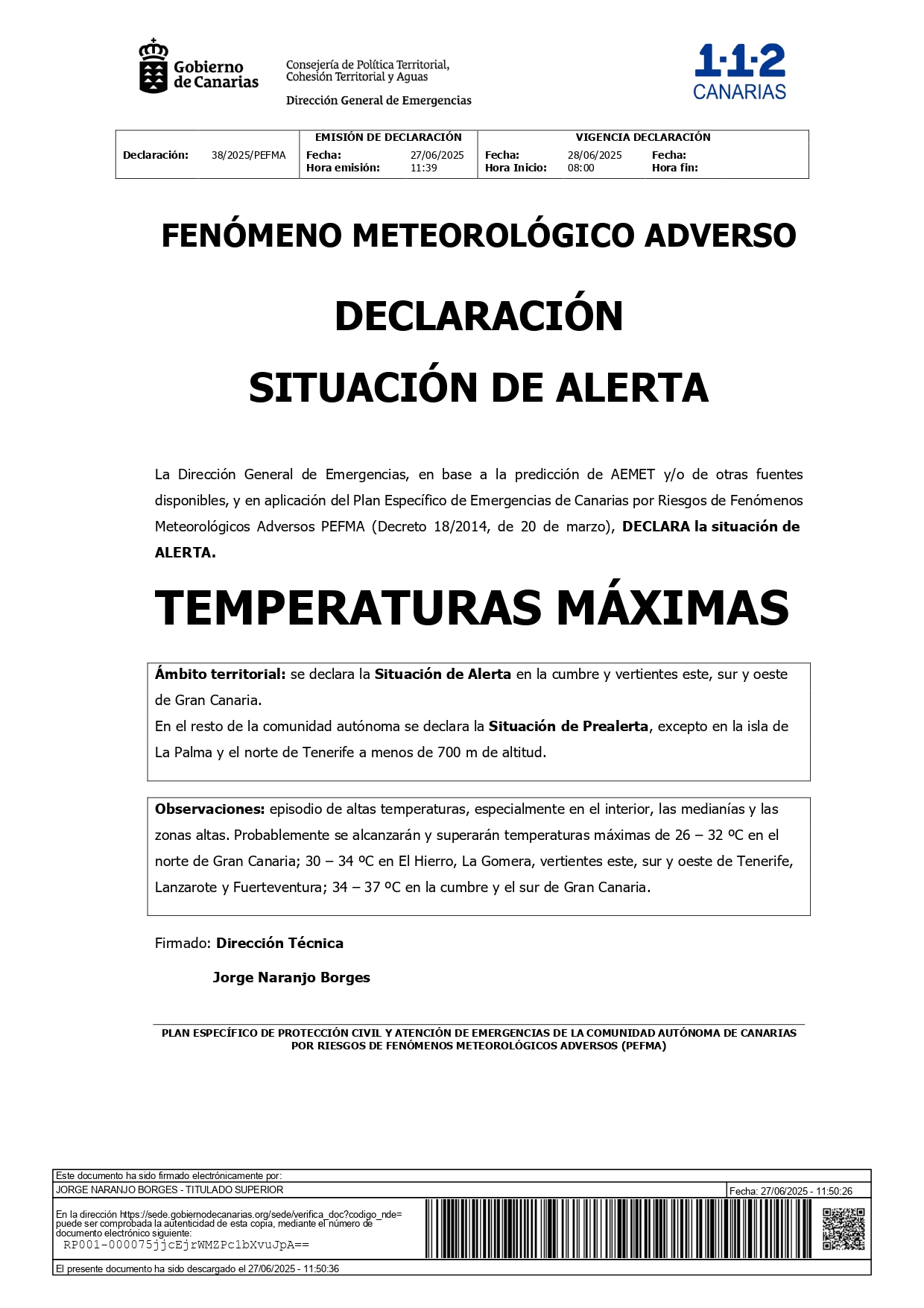 ALERTA POR ALTAS TEMPERATURAS