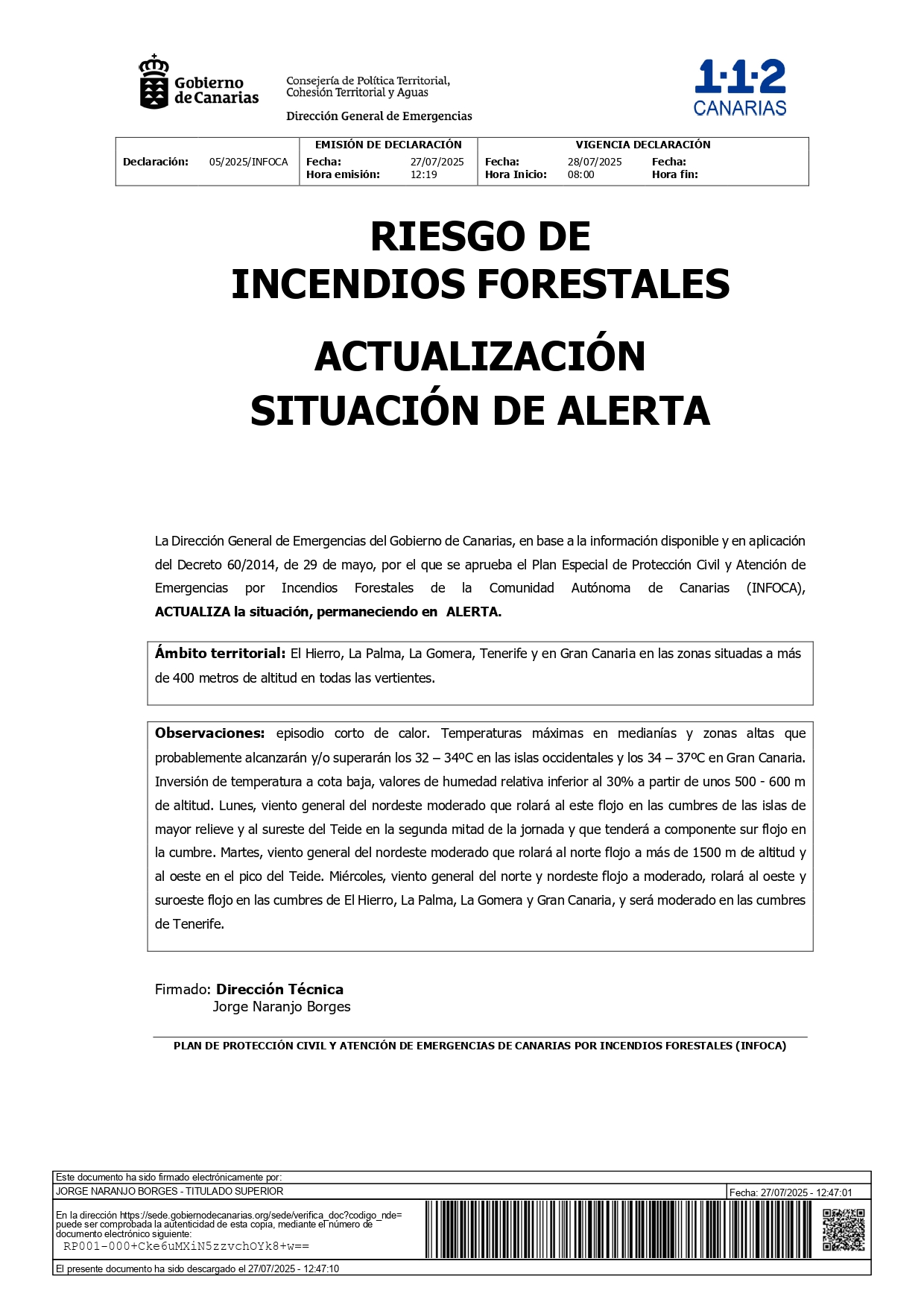 ALERTA por riesgo de incendios forestales