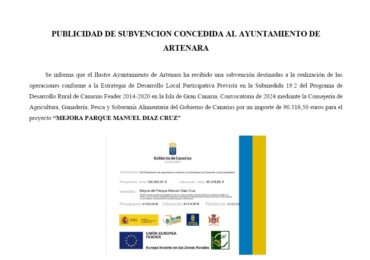 Publicidad de Subvención concedida al Ayuntamiento de Artenara