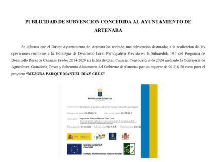 Publicidad de Subvención concedida al Ayuntamiento de Artenara