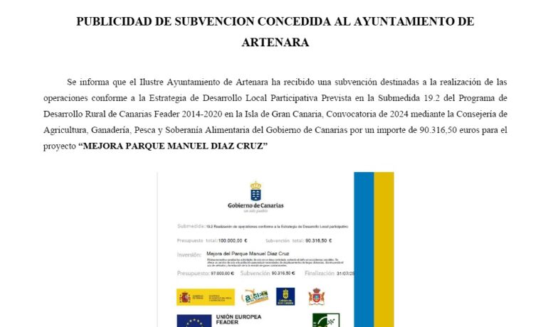 Publicidad de Subvención concedida al Ayuntamiento de Artenara