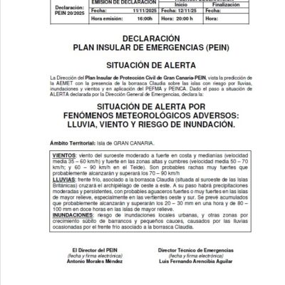 Declaración Plan Insular de Emergencias (PEIN)