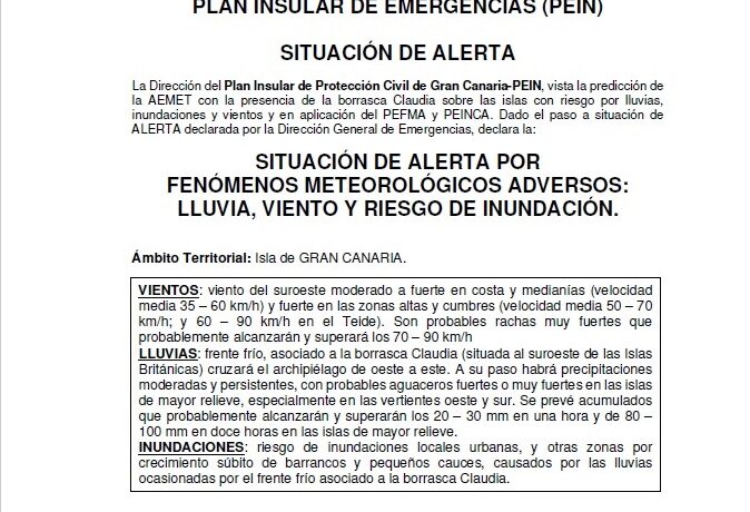 Declaración Plan Insular de Emergencias (PEIN)