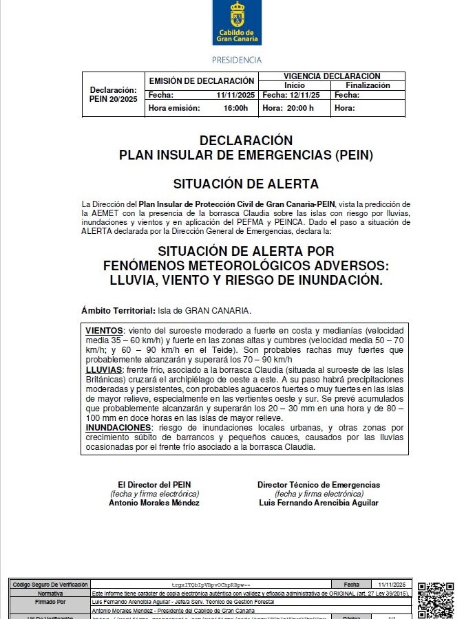 Declaración Plan Insular de Emergencias (PEIN)