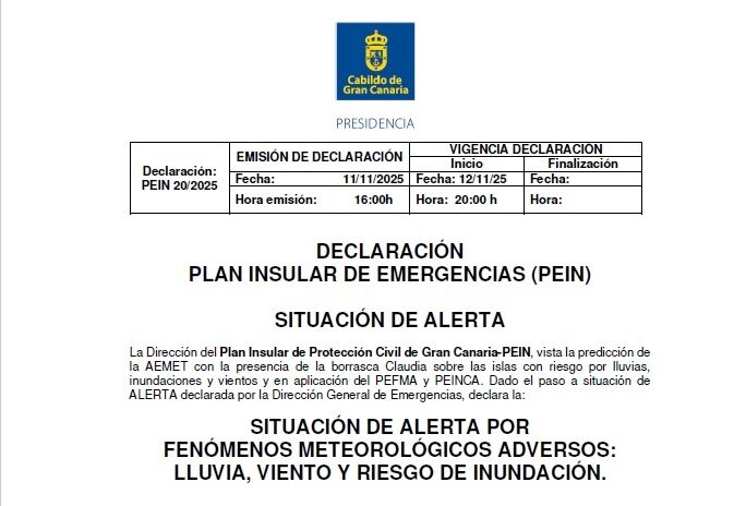 Declaración Plan Insular de Emergencias (PEIN)
