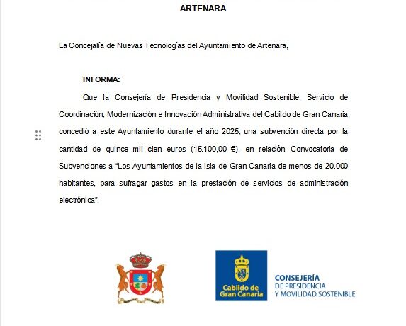 El Cabildo de Gran Canaria concede una subvención al Ayuntamiento de Artenara para la concejalía de nuevas tecnologías