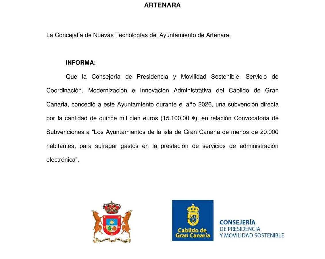 El Cabildo de Gran Canaria concede una subvención al Ayuntamiento de Artenara para la concejalía de nuevas tecnologías