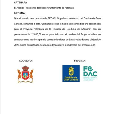 Publicidad de Subvención por la Fedac, concedidad al Ayuntamiento de Artenara