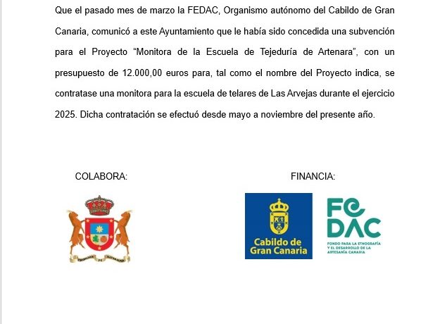 Publicidad de Subvención por la Fedac, concedidad al Ayuntamiento de Artenara