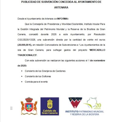 Publicidad de Subvención concedida al Ayuntamiento de Artenara