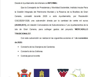 Publicidad de Subvención concedida al Ayuntamiento de Artenara