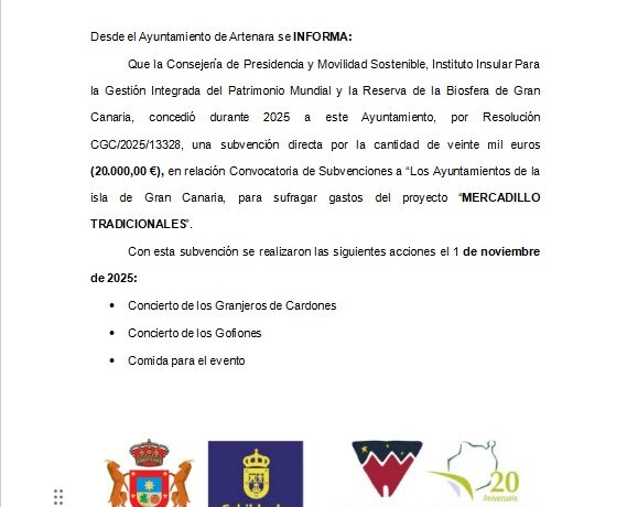 Publicidad de Subvención concedida al Ayuntamiento de Artenara