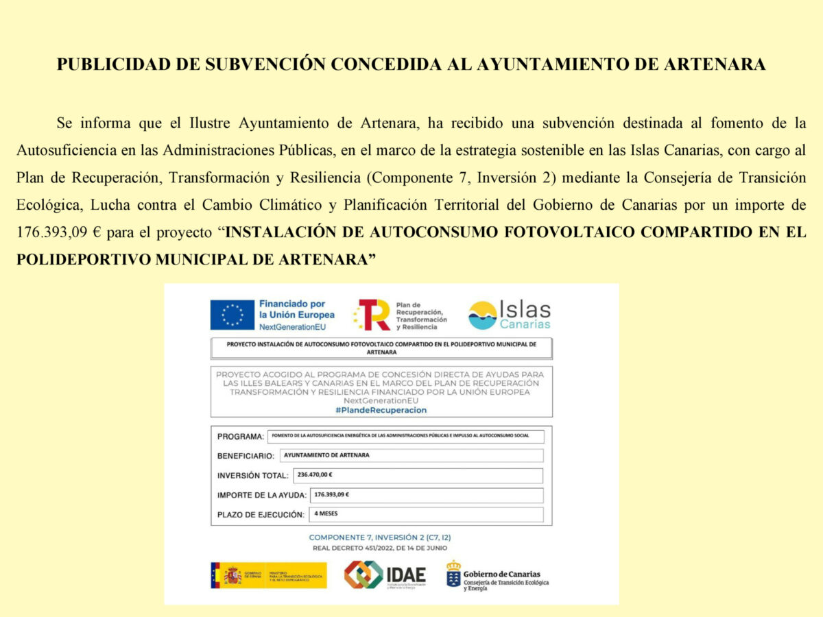 PUBLICIDAD DE SUBVENCIÓN CONCEDIDA AL AYUNTAMIENTO DE ARTENARA