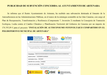 PUBLICIDAD DE SUBVENCIÓN CONCEDIDA AL AYUNTAMIENTO DE ARTENARA