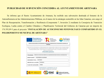 PUBLICIDAD DE SUBVENCIÓN CONCEDIDA AL AYUNTAMIENTO DE ARTENARA