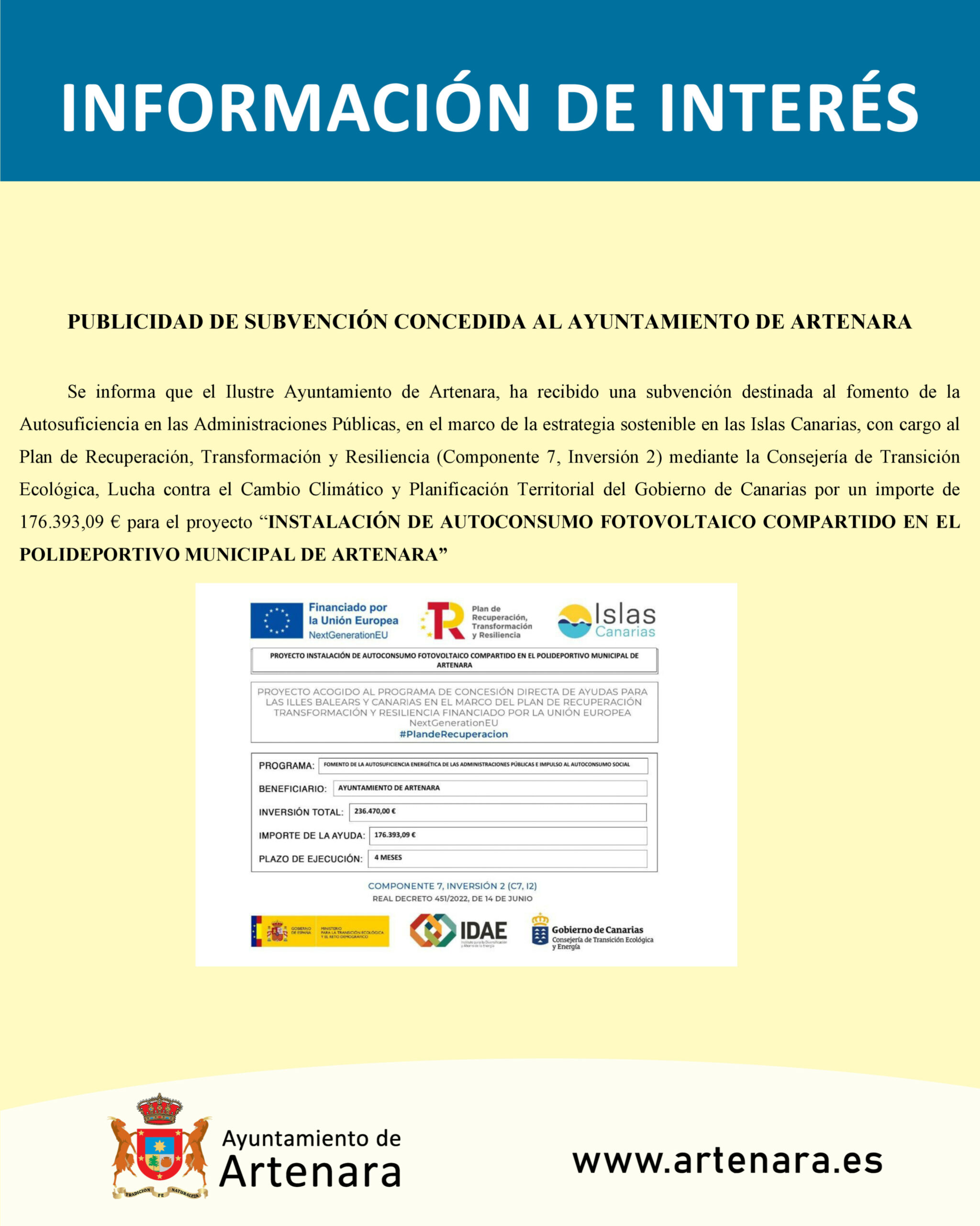 PUBLICIDAD DE SUBVENCIÓN CONCEDIDA AL AYUNTAMIENTO DE ARTENARA