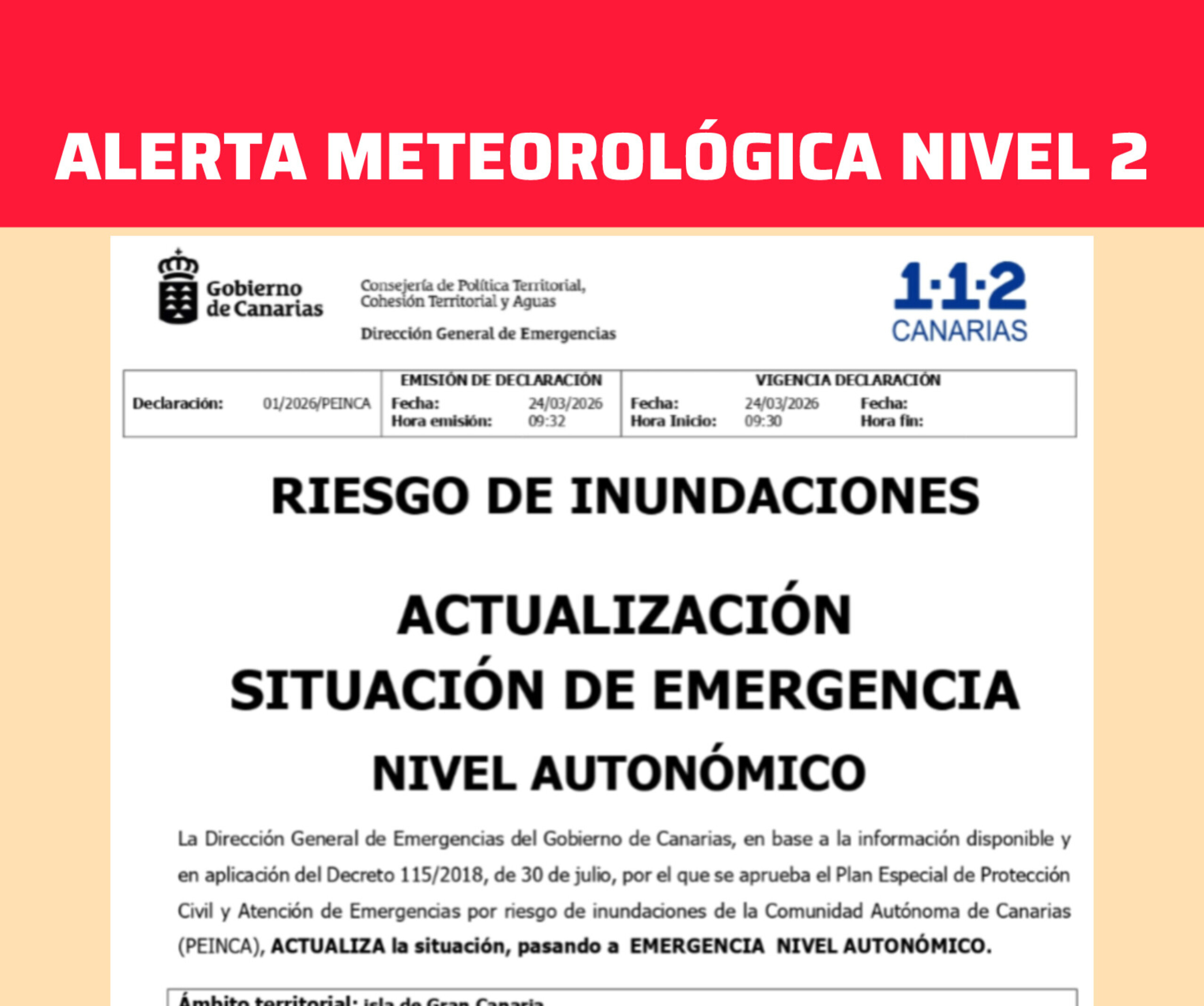 ACTIVADO NIVEL 2 DE EMERGENCIA METEOROLÓGICA