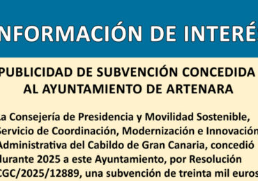 PUBLICIDAD DE SUBVENCIÓN CONCEDIDA AL AYUNTAMIENTO DE ARTENARA
