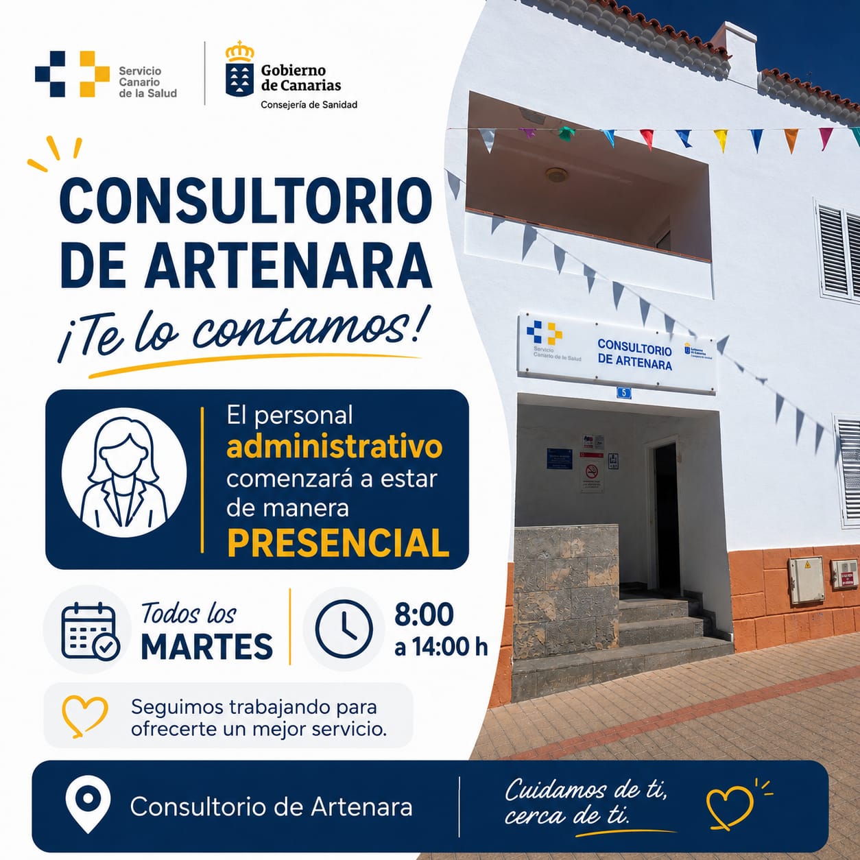 PERSONAL ADMINISTRATIVO PRESENCIAL EN EL CONSULTORIO MÉDICO DE ARTENARA LOS MARTES DE 8 A 14 HORAS