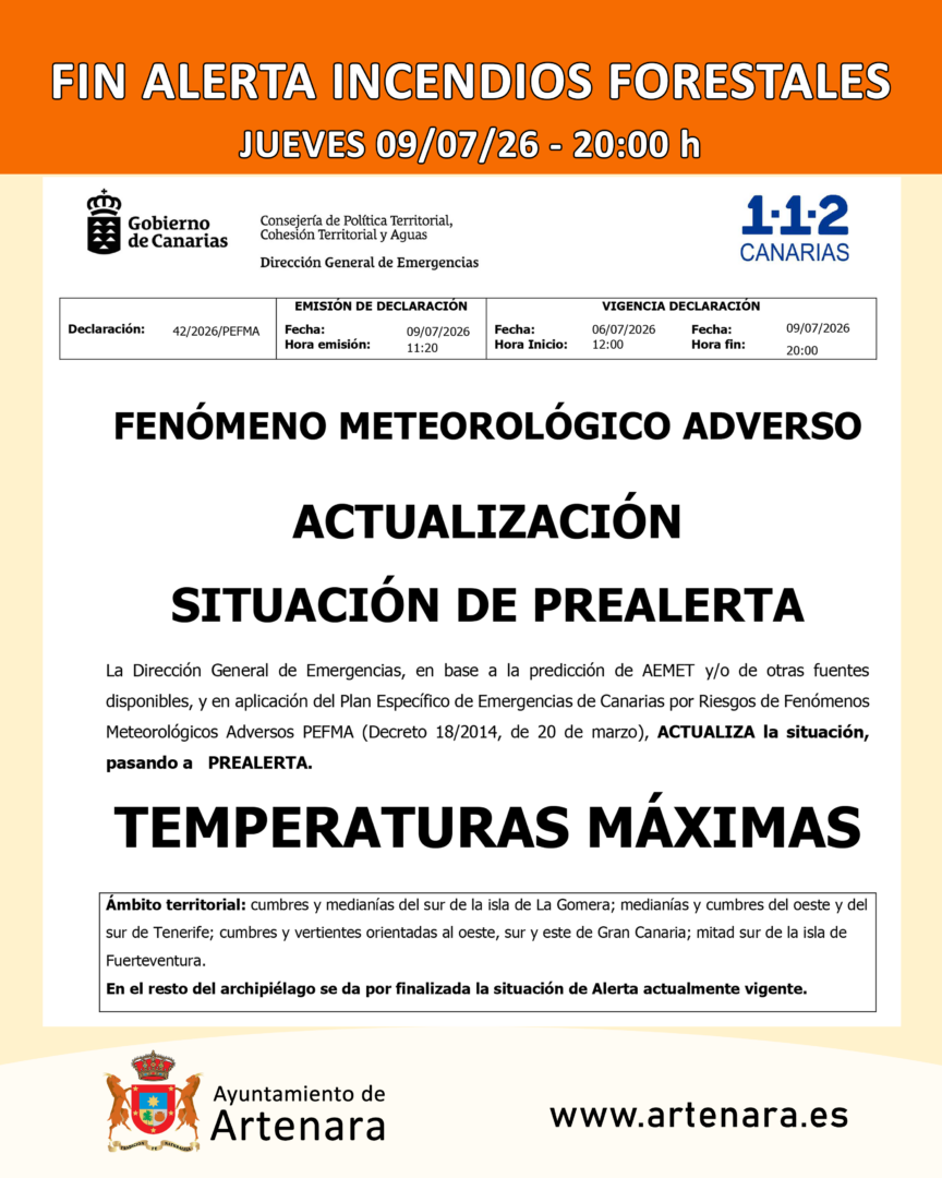FIN ALERTA TEMPERATURAS MÁXIMAS Y RIESGO DE INCENDIOS 9 Y 10 JULIO 2026